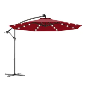 10 Feet Patio Hanging Solar LED Umbrella Sun Shade with Cross Base-Burgundy