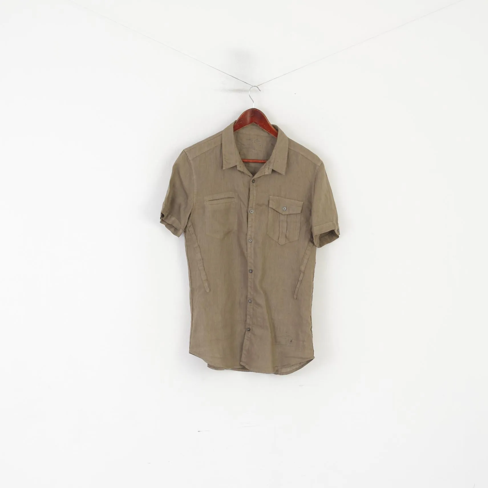 Allsaints Men M (S) Casual Shirt Khaki 100% Linen Spector Summer Top