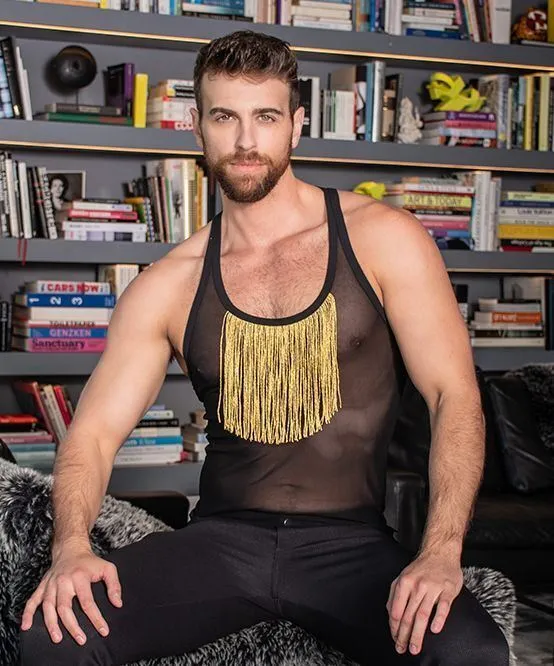 ANDREW CHRISTIAN Tank UNLEASHED Gold Fringe Sheer Stretch Tank Top 2883 72