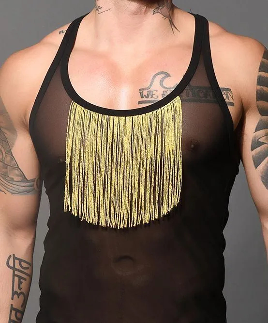 ANDREW CHRISTIAN Tank UNLEASHED Gold Fringe Sheer Stretch Tank Top 2883 72