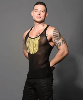 ANDREW CHRISTIAN Tank UNLEASHED Gold Fringe Sheer Stretch Tank Top 2883 72