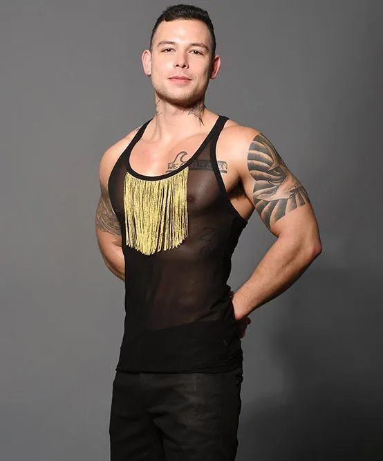 ANDREW CHRISTIAN Tank UNLEASHED Gold Fringe Sheer Stretch Tank Top 2883 72