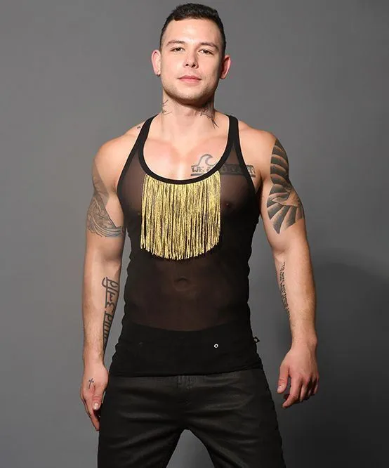 ANDREW CHRISTIAN Tank UNLEASHED Gold Fringe Sheer Stretch Tank Top 2883 72