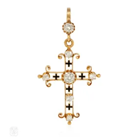 Antique gold, diamond, and enamel cross pendant