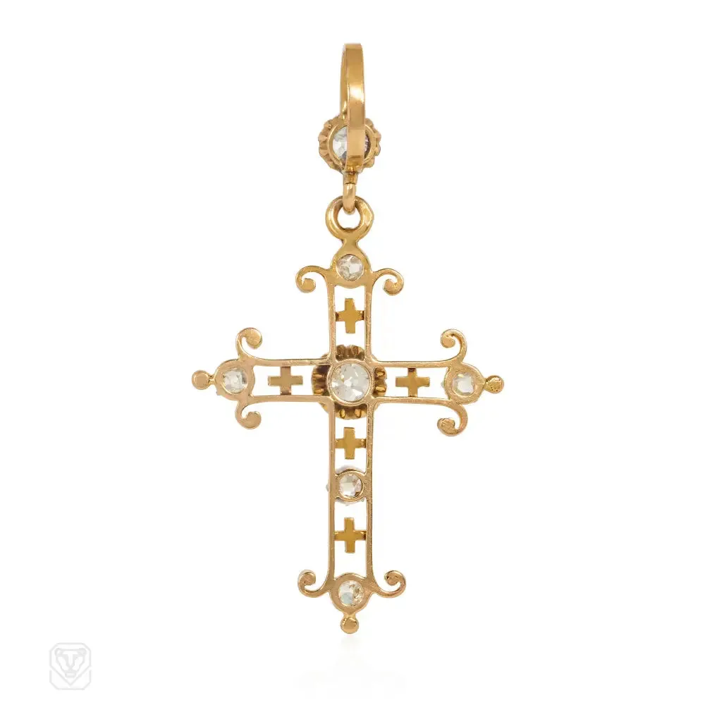 Antique gold, diamond, and enamel cross pendant