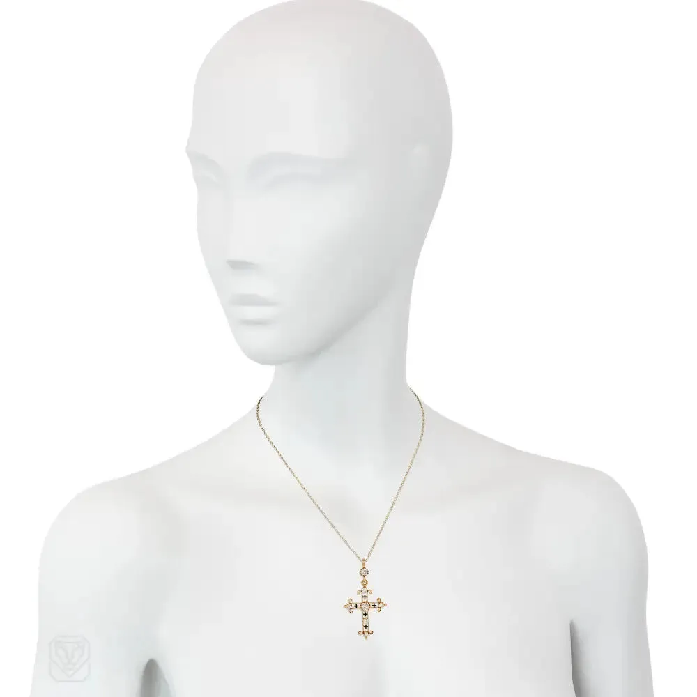 Antique gold, diamond, and enamel cross pendant