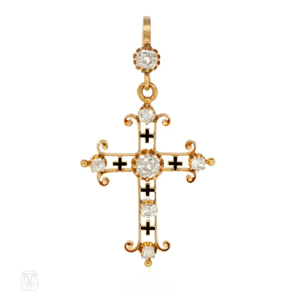 Antique gold, diamond, and enamel cross pendant