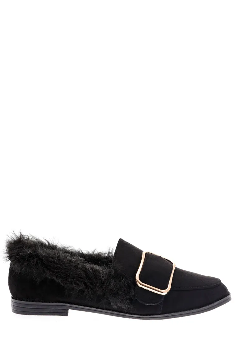 Black Fluffy Flat Shoe with Front Buckle Detail