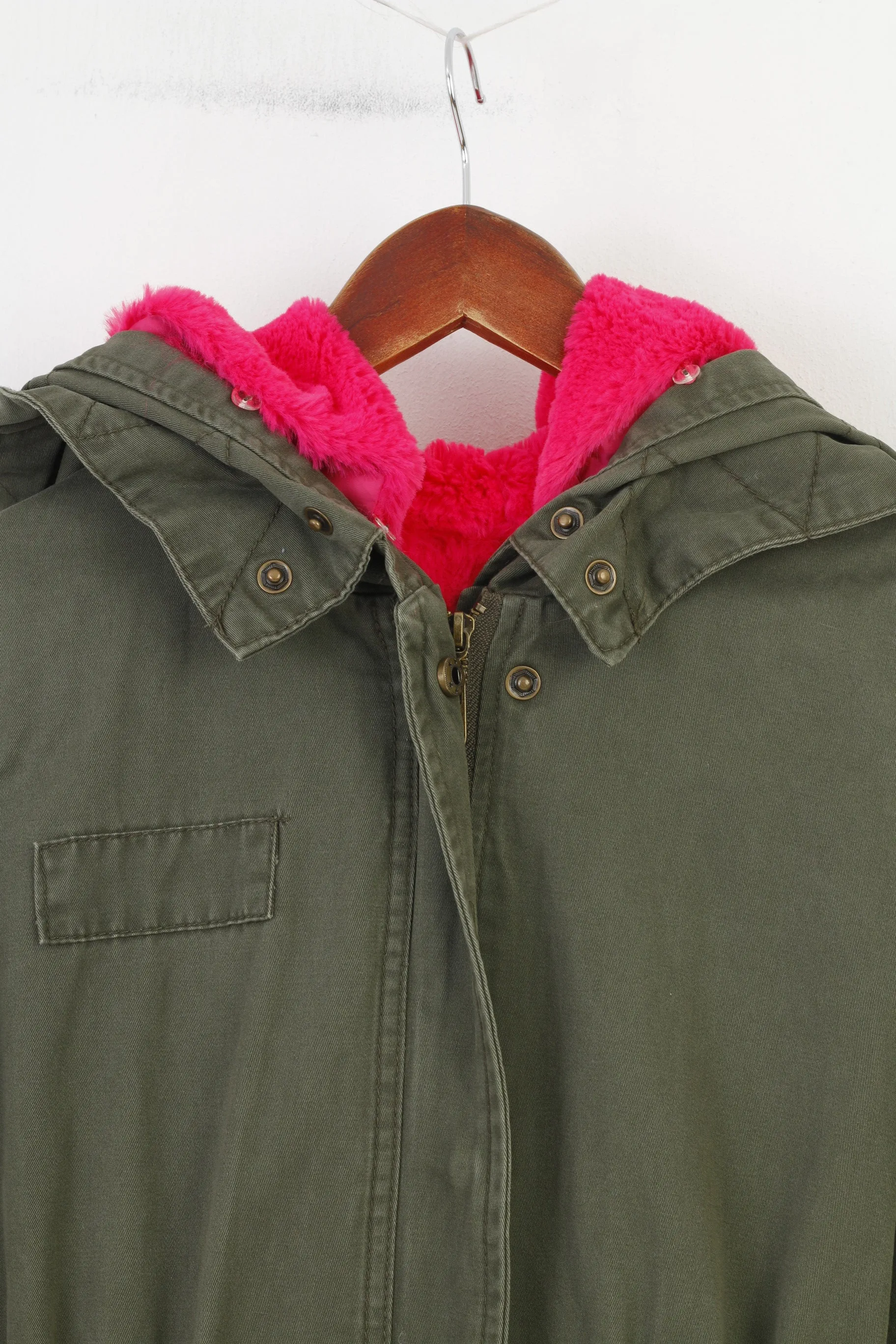 Blu Deise Woman S Jacket Khaki Padded Pink Fur Hood Cotton Removable Lining Vintage Winter Top