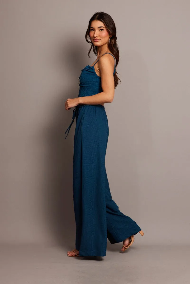 Blue Wide Leg Pants High Rise Textured Fabric