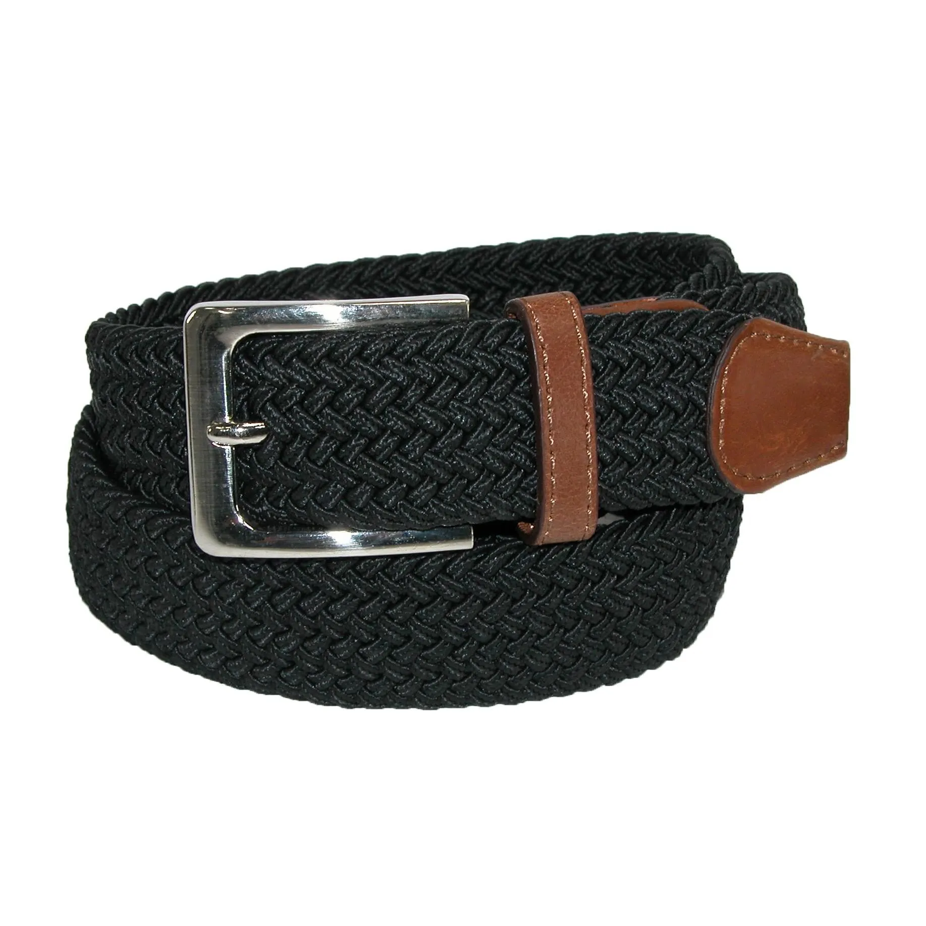 CTM® Men's Elastic Braided Stretch Belt with Silver Buckle and Tan Tabs