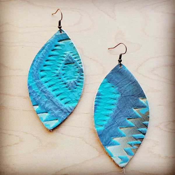 Cyan Aztec Leather Oval Earrings