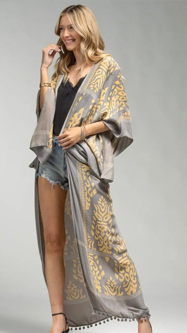 Damask Print Kimono With Sleeves