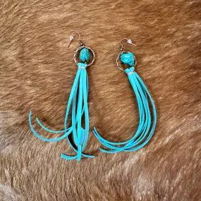 Deer Skin Leather Tassel Earring-Light Turquoise Western Jewelry