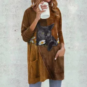 DressBetty - Vintage Pocket Blouses Women Casual Cat Print Long Sleeve Round Neck Tee Shirt Oversized Blouse Kpop Top