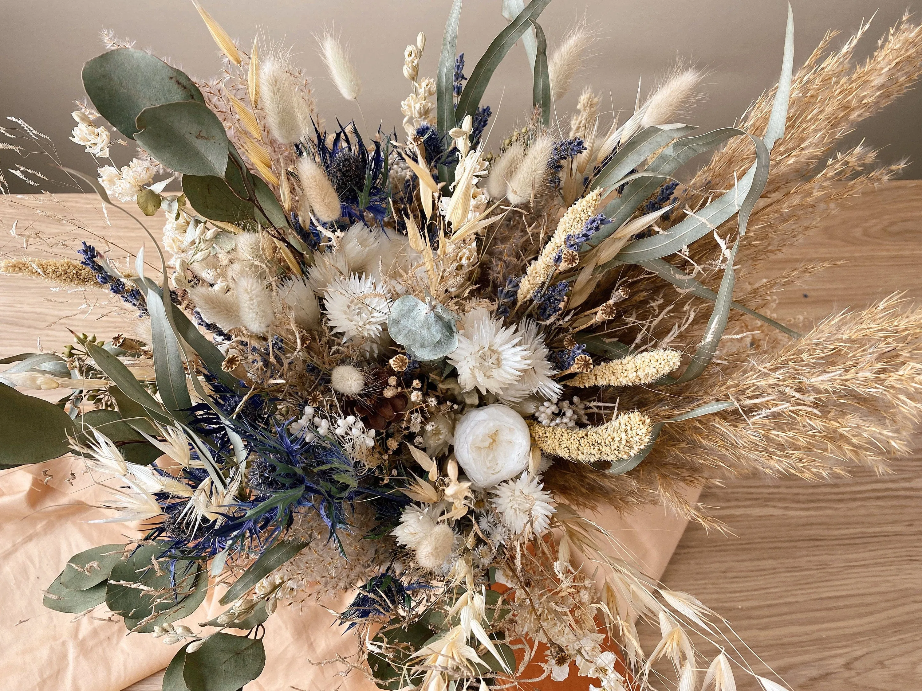 Dried Flowers Bridal Bouquet - Soft Green & Cream