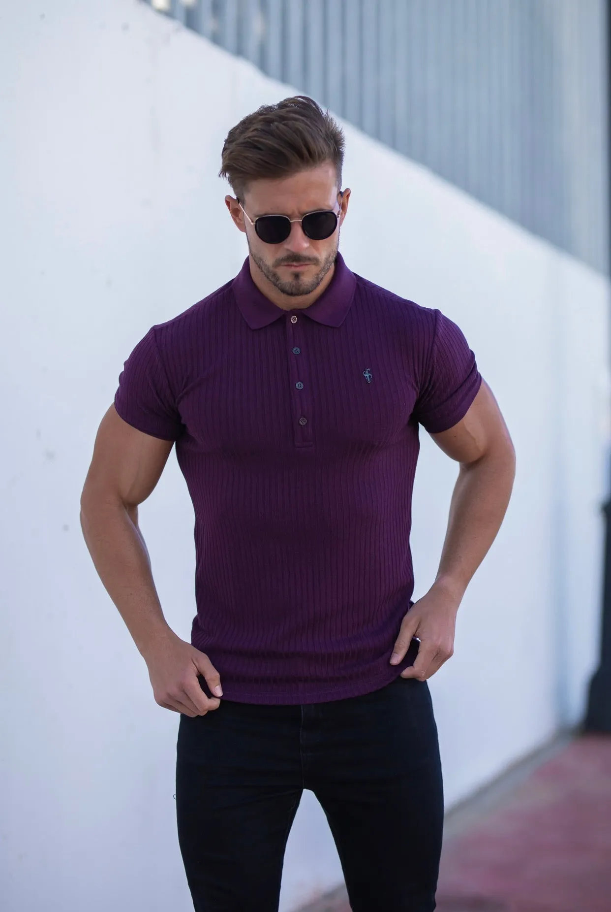 Father Sons Classic Plum Ribbed Polo Shirt Short Sleeve with Black Metal Emblem Decal & Buttons- FSH585