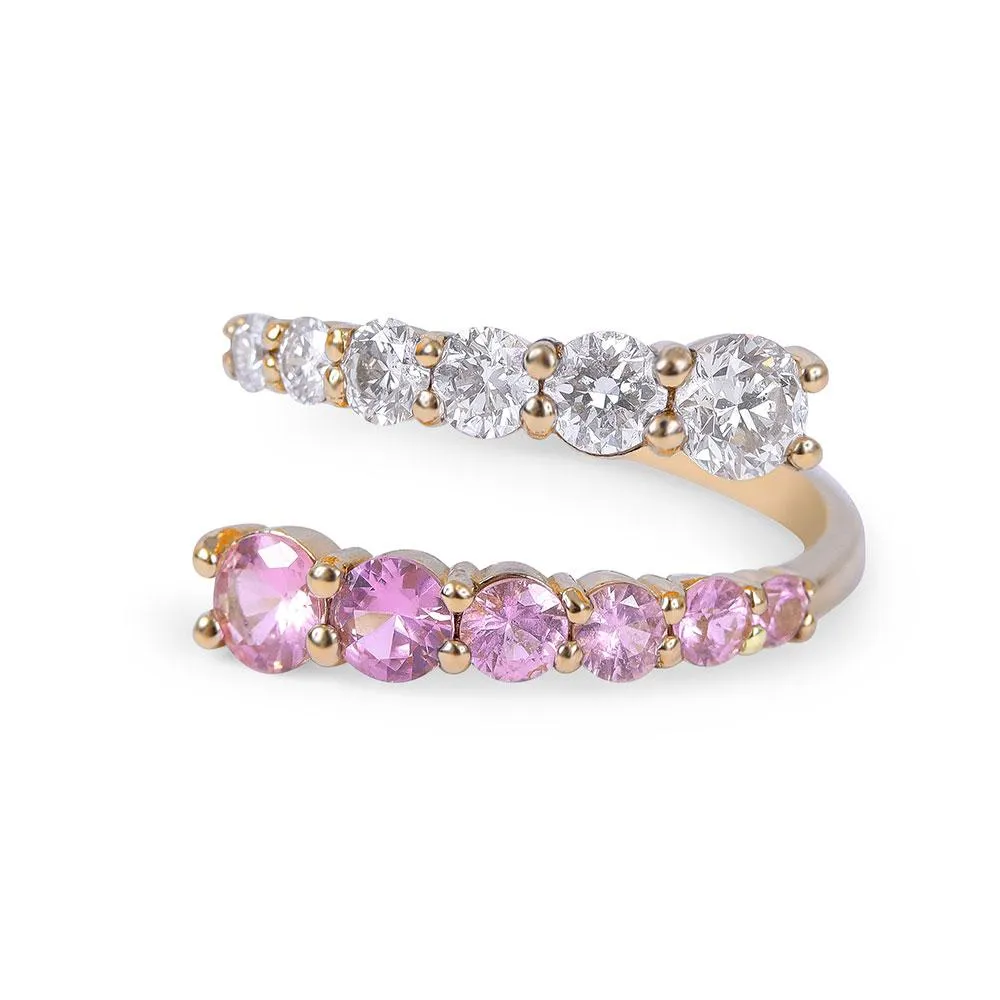 GRADUATED DIAMOND AND PINK SAPPHIRE OPEN WRAP RING