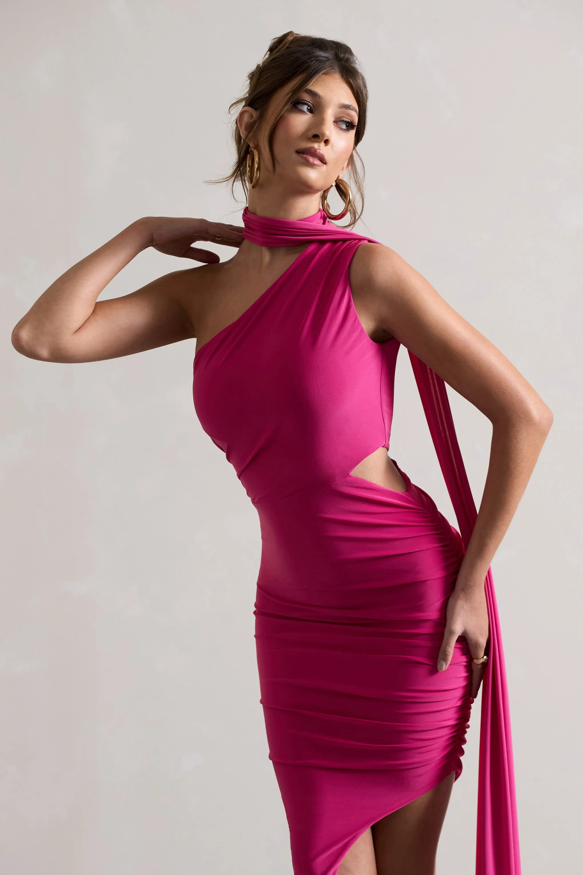 Icon | Robe longue rose asymétrique à découpe et écharpe