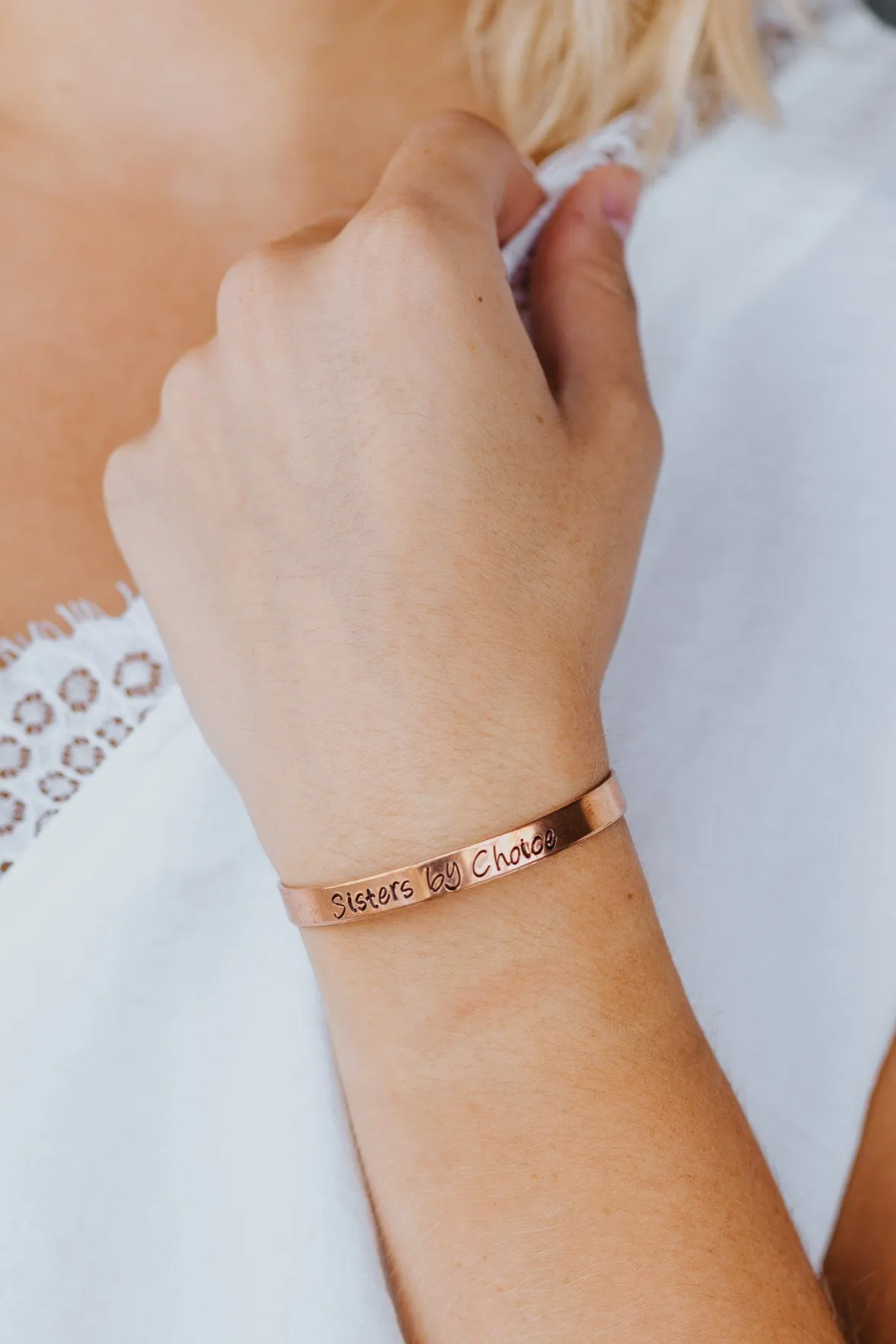 "Sisters By Choice" Mantra Cuff Bracelet in Rose Gold