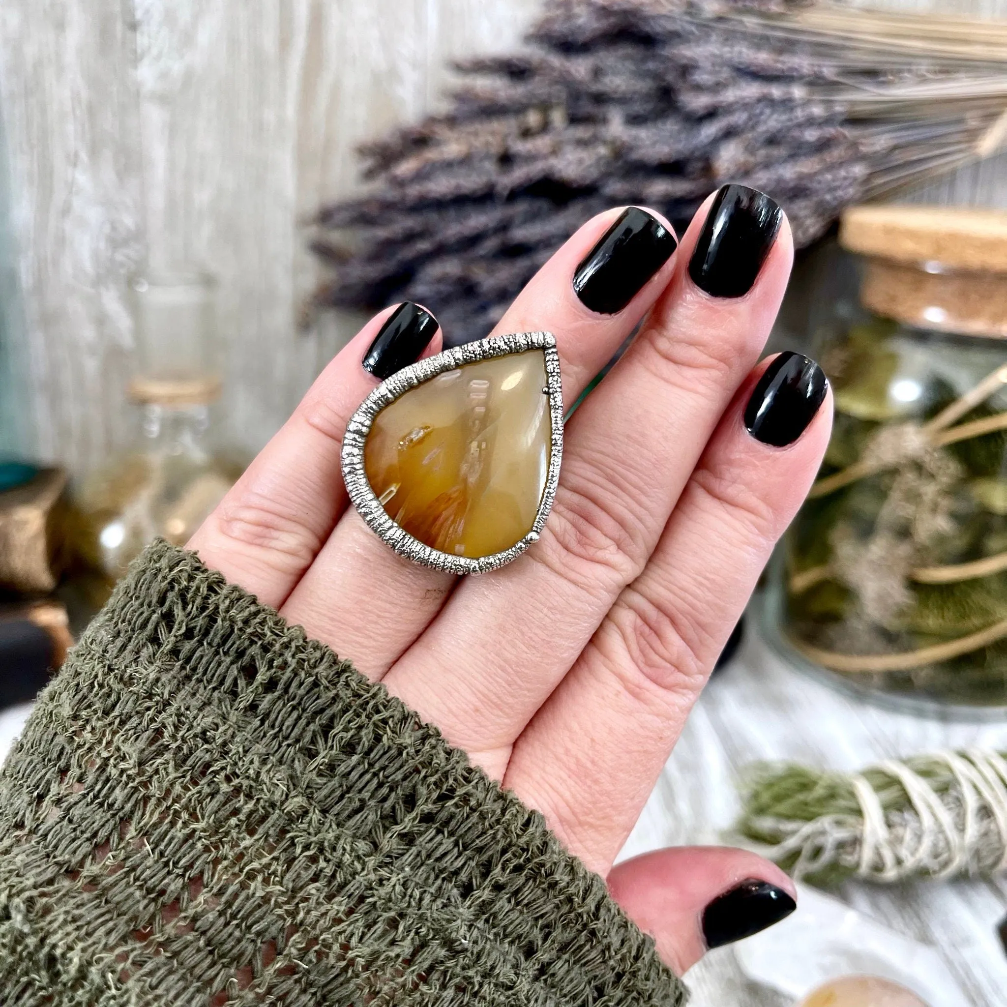 Size 6 Tube Agate Statement Ring Set in Fine Silver / Foxlark Collection - One of a Kind