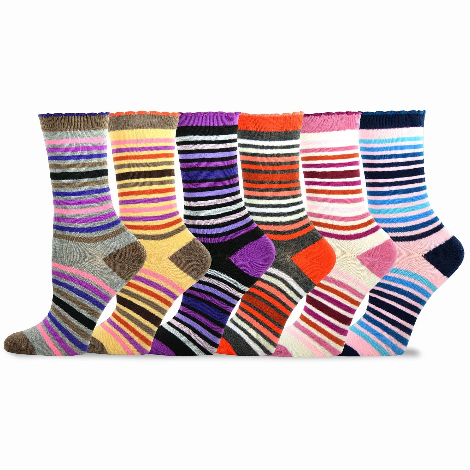 TeeHee Socks Women's Casual Polyester Crew Multi Stripe/Scallop 12-Pack (1163132)