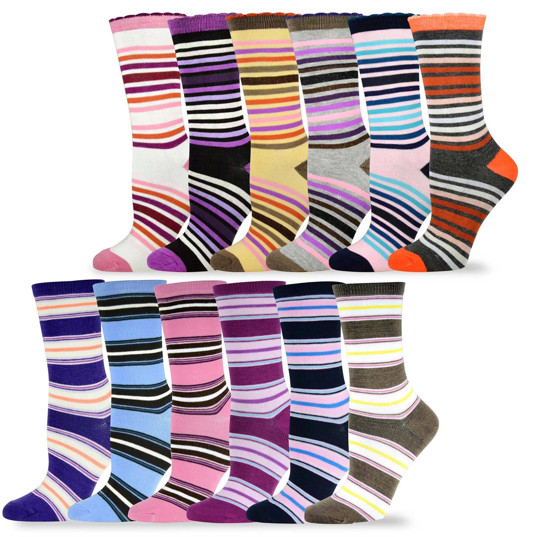 TeeHee Socks Women's Casual Polyester Crew Multi Stripe/Scallop 12-Pack (1163132)