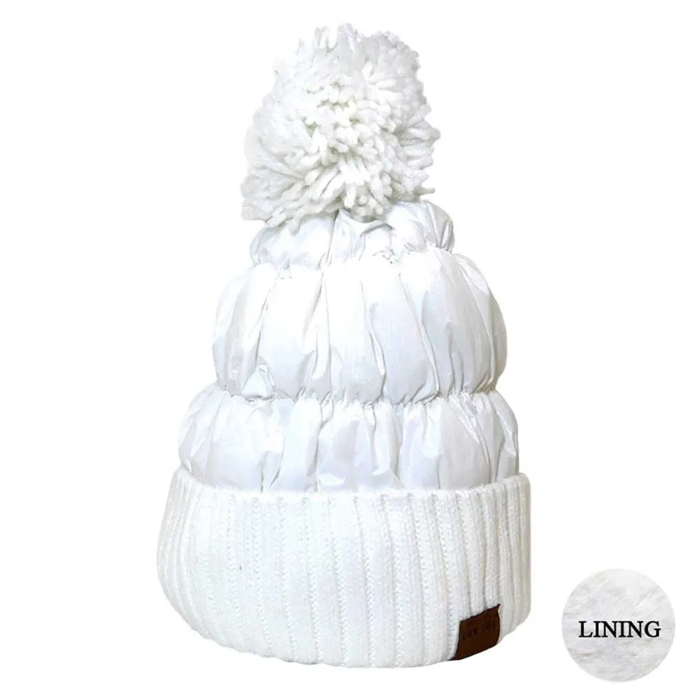 Winter Cozy Puffer Knit Pom Pom Glossy Beanie Hat