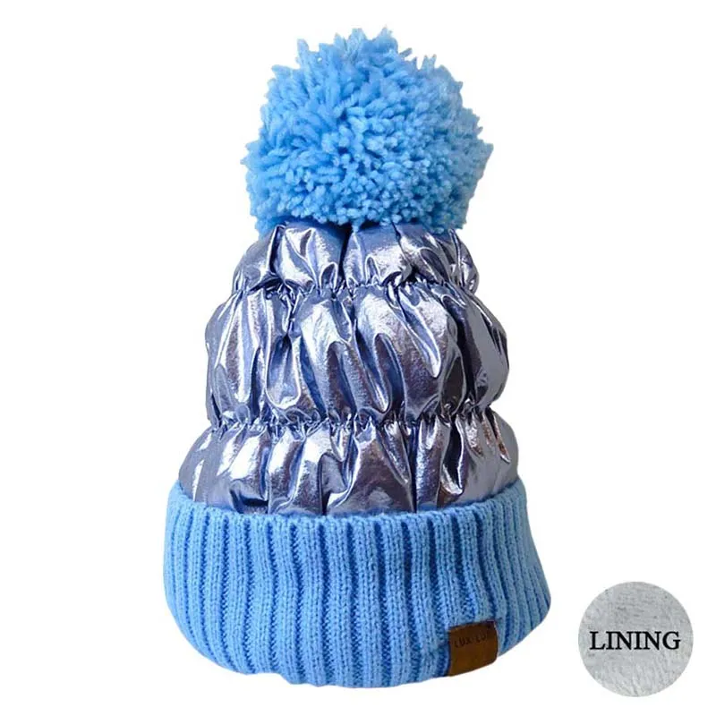 Winter Cozy Puffer Knit Pom Pom Glossy Beanie Hat