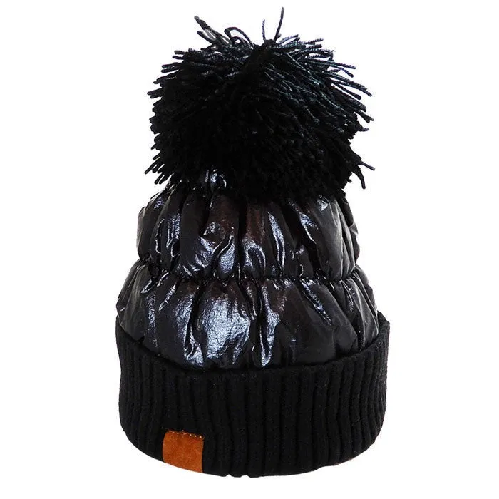 Winter Cozy Puffer Knit Pom Pom Glossy Beanie Hat